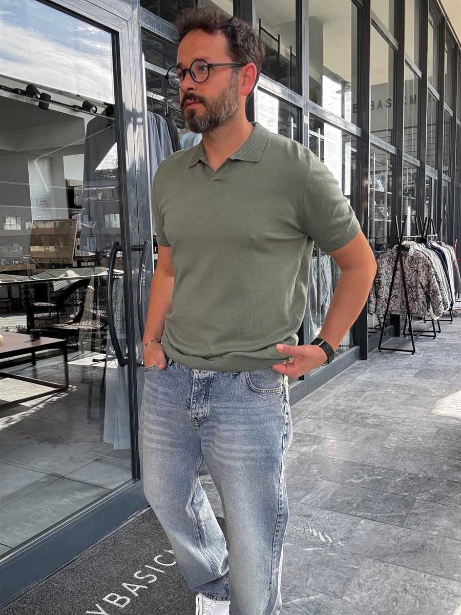 Khaki Basic Polo Neck Knitwear T-Shirt G-17190