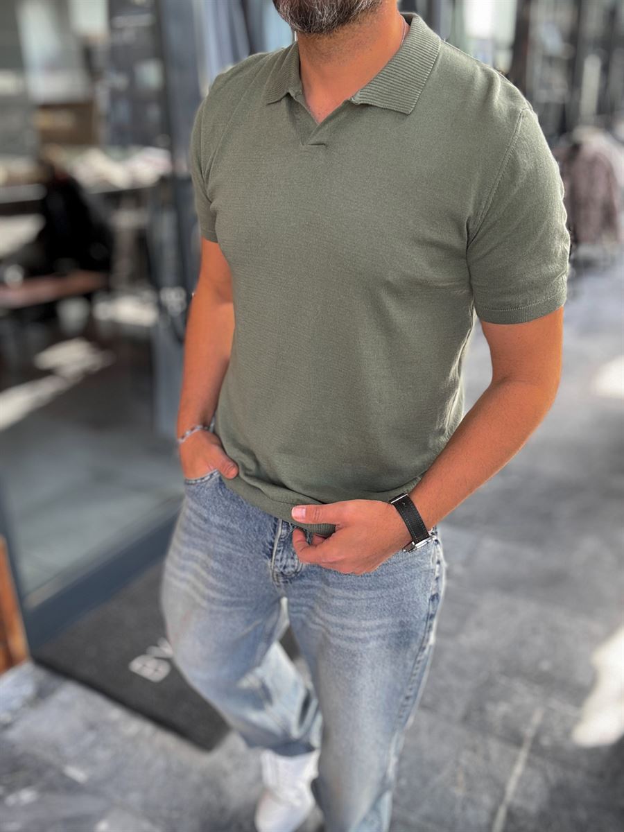 Khaki Basic Polo Neck Knitwear T-Shirt G-17190