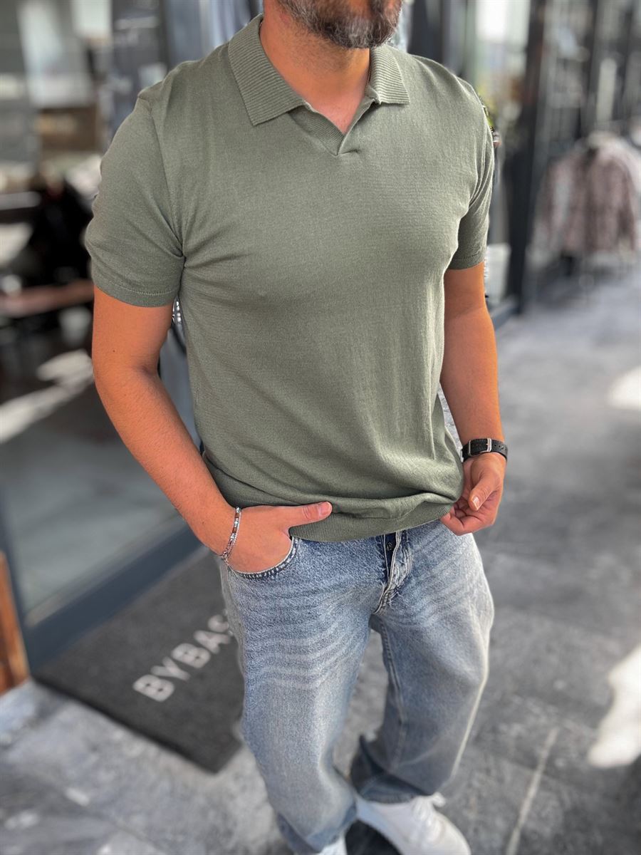 Khaki Basic Polo Neck Knitwear T-Shirt G-17190