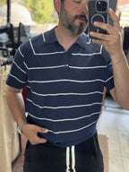 Terry Cloth Striped Polo Neck T-Shirt