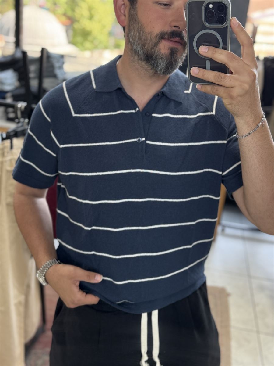 Terry Cloth Striped Polo Neck T-Shirt