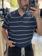 Terry Cloth Striped Polo Neck T-Shirt