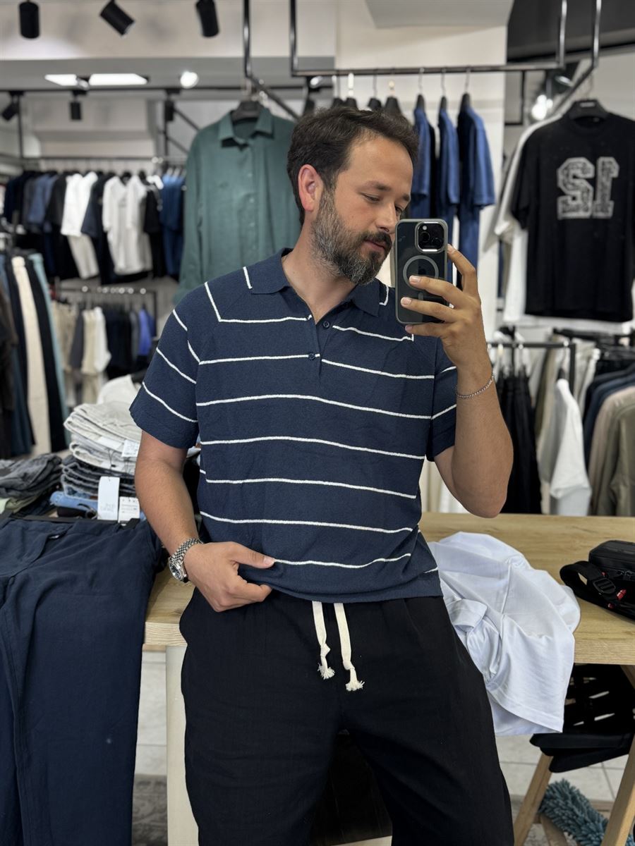 Terry Cloth Striped Polo Neck T-Shirt