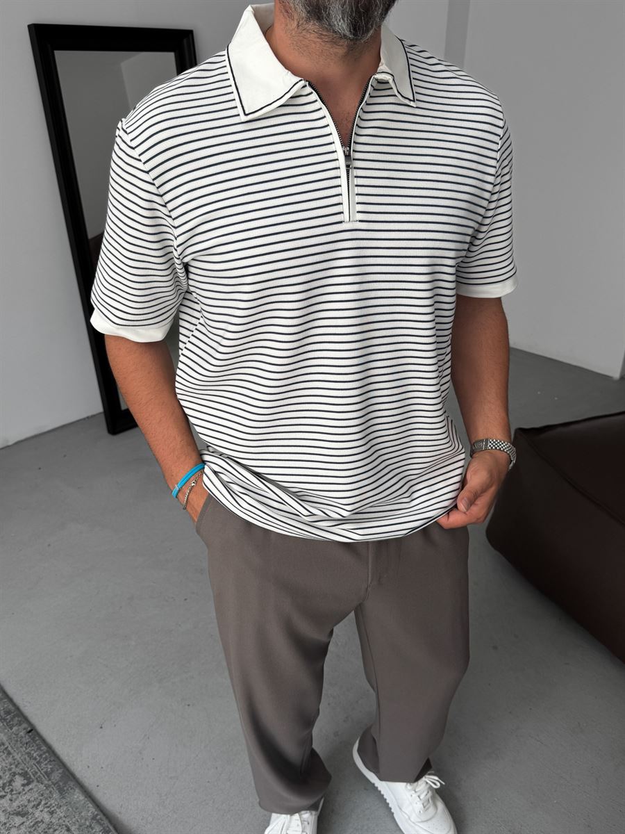Polo Neck Striped Zipped T-Shirt