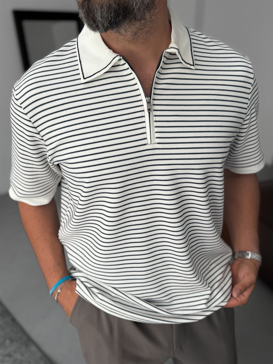 Polo Neck Striped Zipped T-Shirt