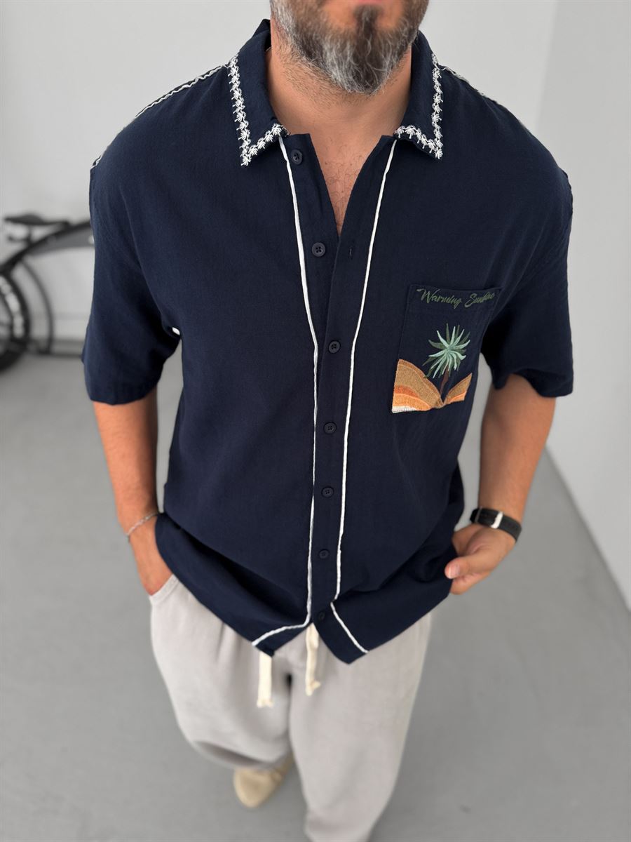 Palm Embroidered Short Sleeve Shirt