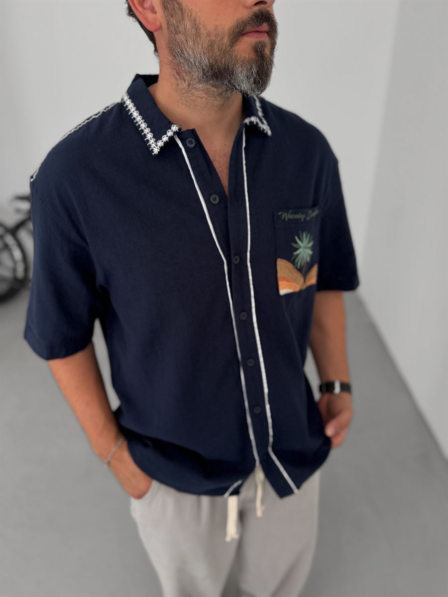 Palm Embroidered Short Sleeve Shirt