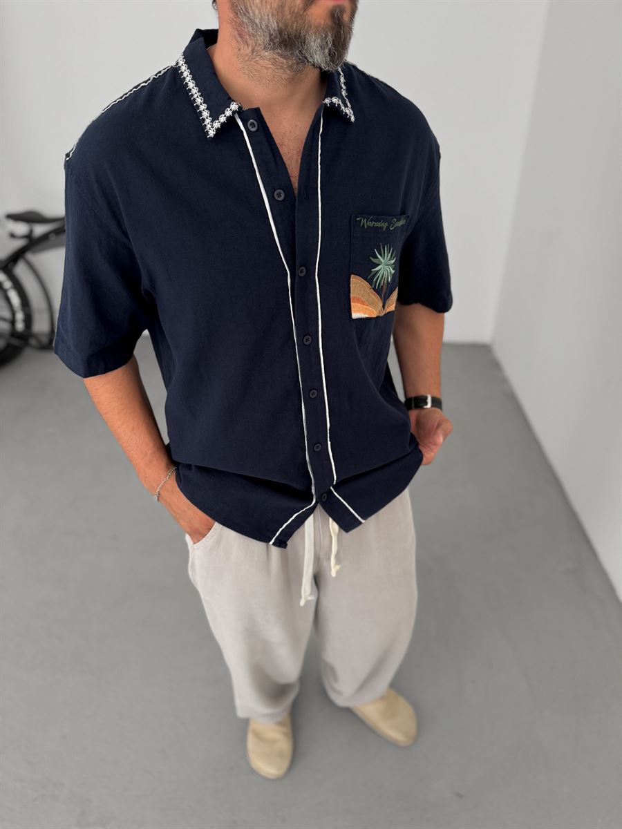 Palm Embroidered Short Sleeve Shirt