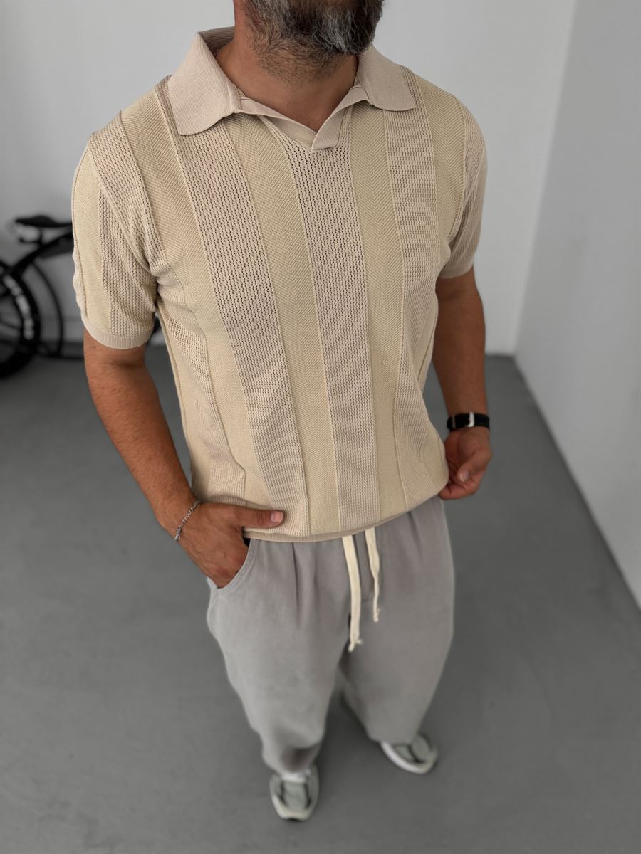 Thick Striped Polo Neck Knitwear T-Shirt