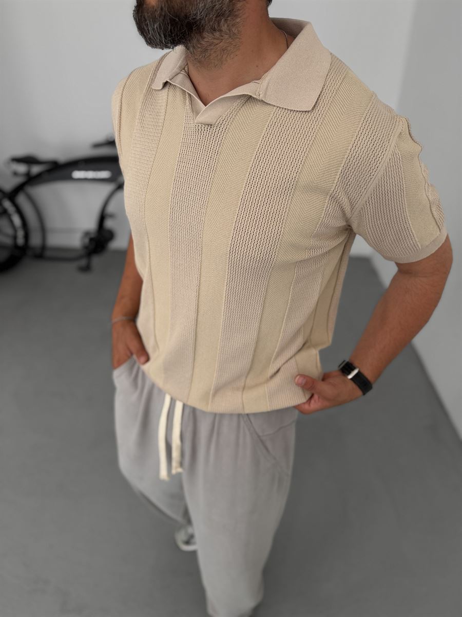 Thick Striped Polo Neck Knitwear T-Shirt