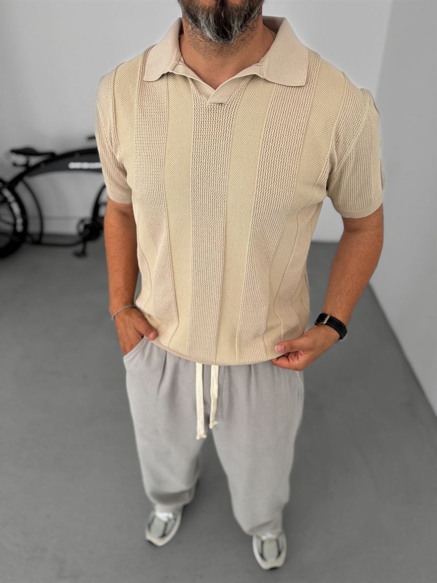 Thick Striped Polo Neck Knitwear T-Shirt