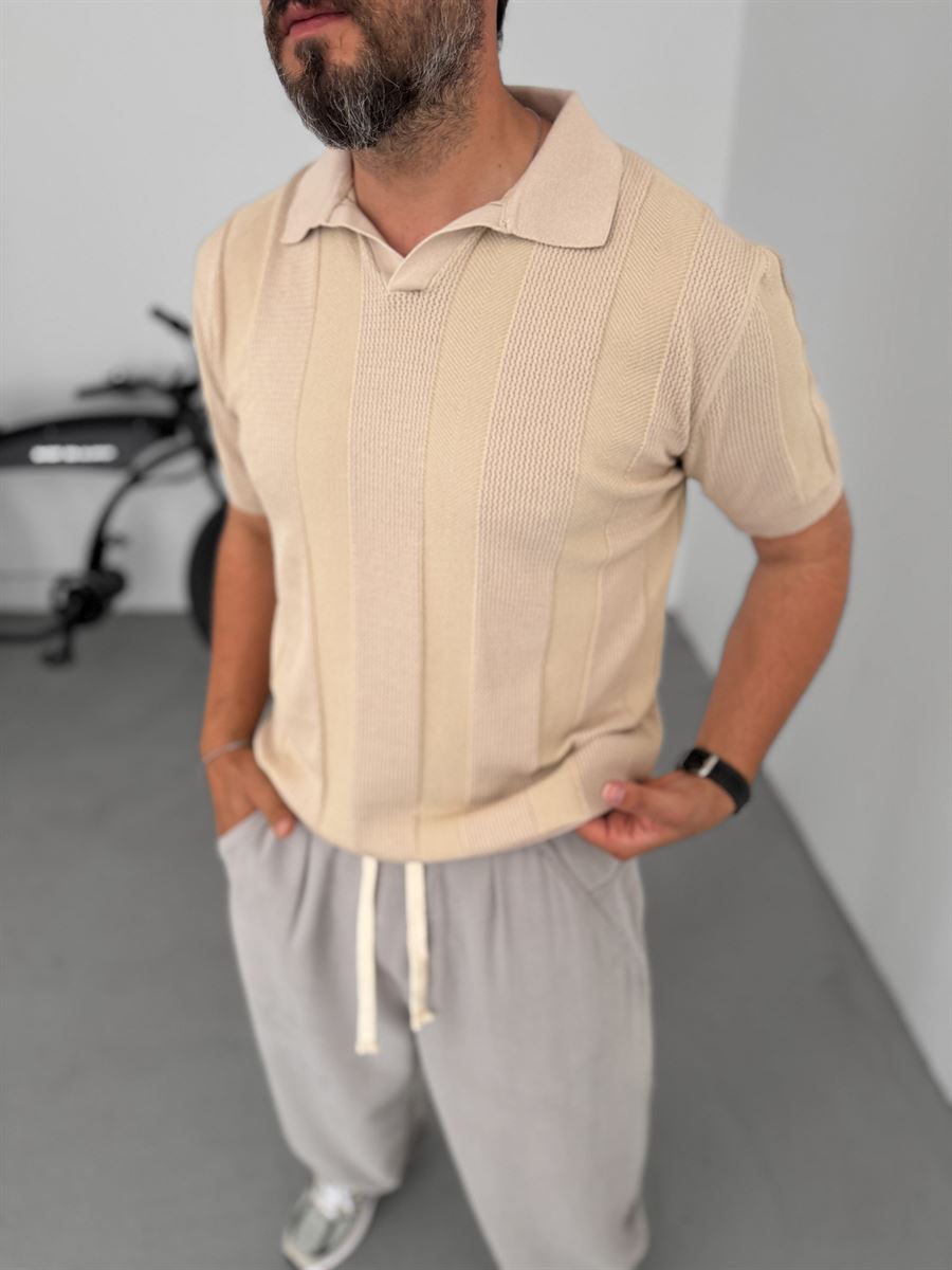 Thick Striped Polo Neck Knitwear T-Shirt