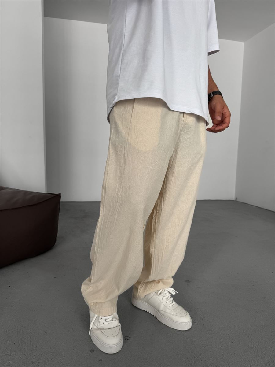 Buttoned Cotton-Linen Baggy Pants