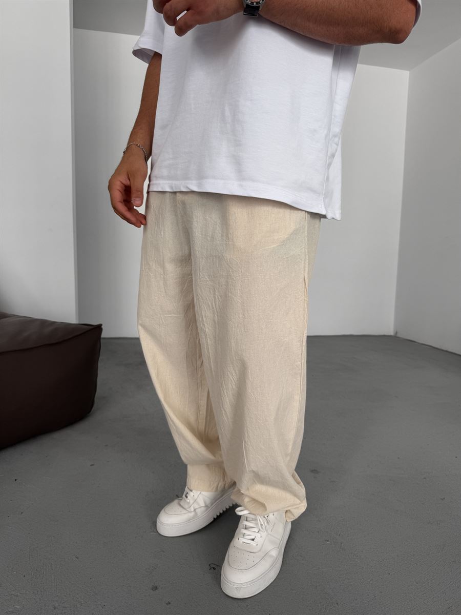 Buttoned Cotton-Linen Baggy Pants
