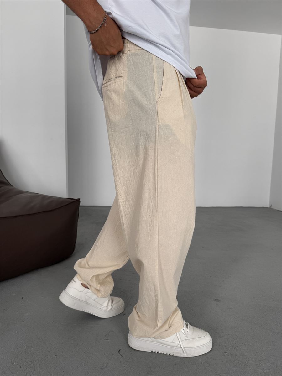 Buttoned Cotton-Linen Baggy Pants