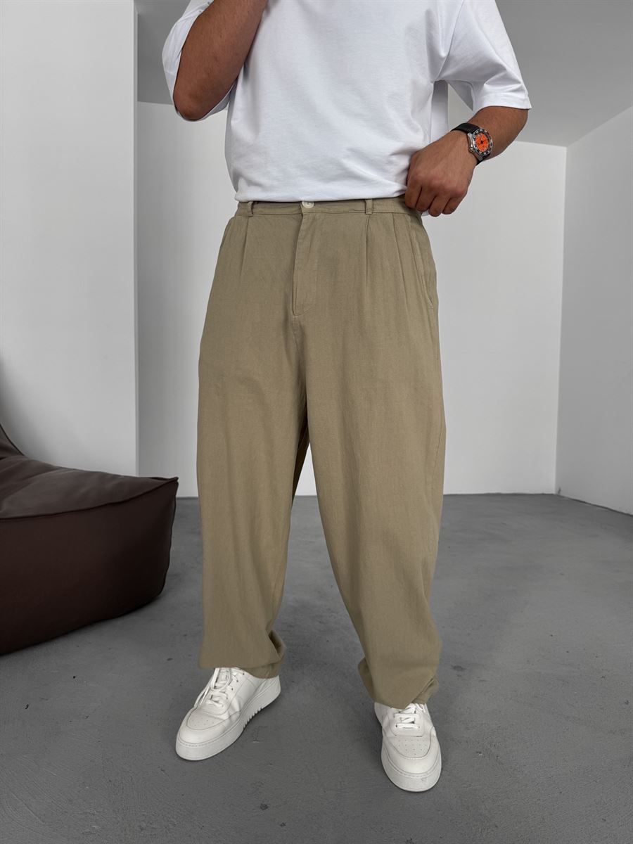 Buttoned Cotton-Linen Baggy Pants
