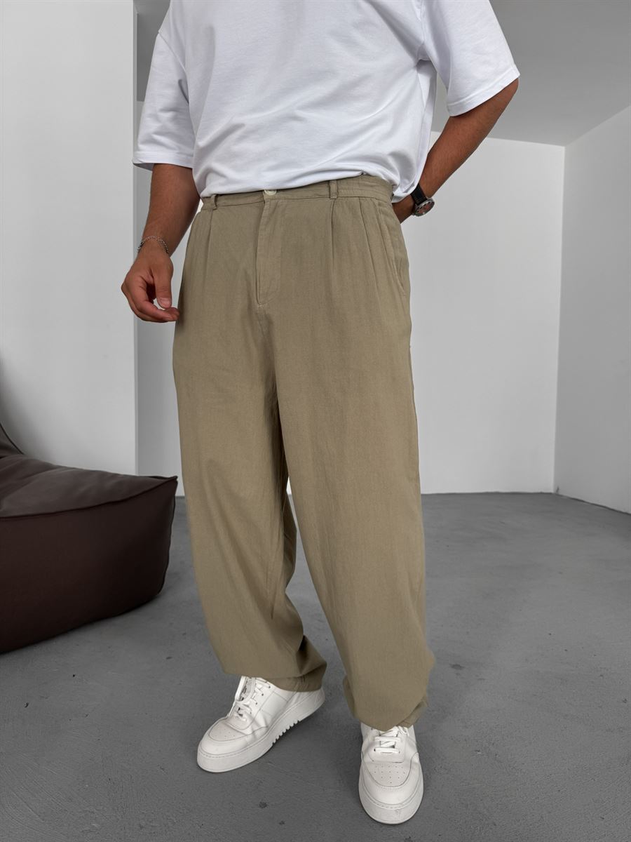 Buttoned Cotton-Linen Baggy Pants