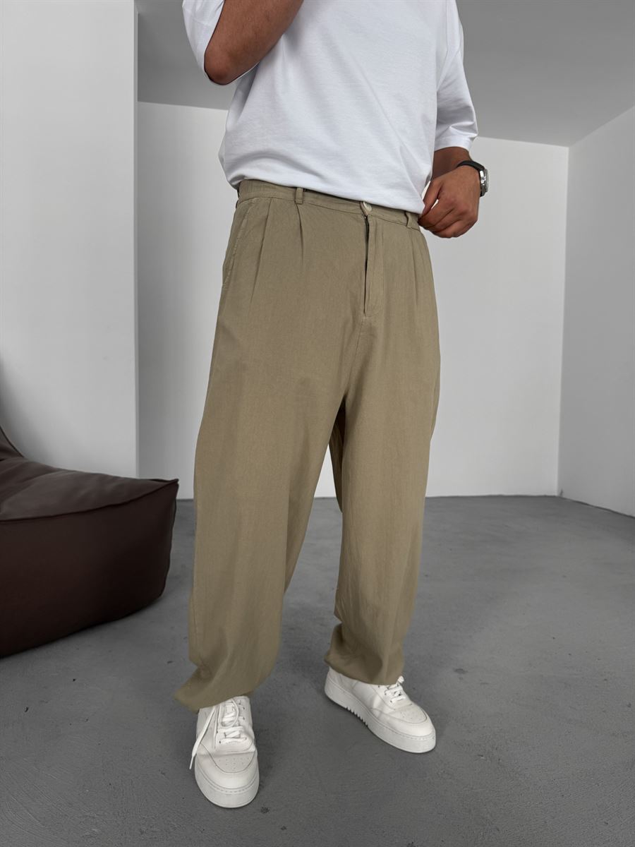 Buttoned Cotton-Linen Baggy Pants