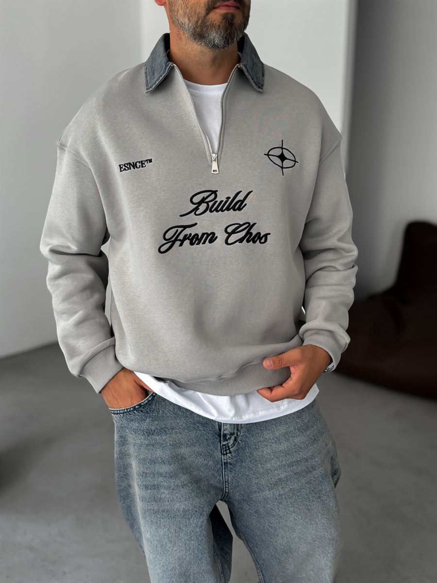 Denim Collar Build Oversize Sweatshirt