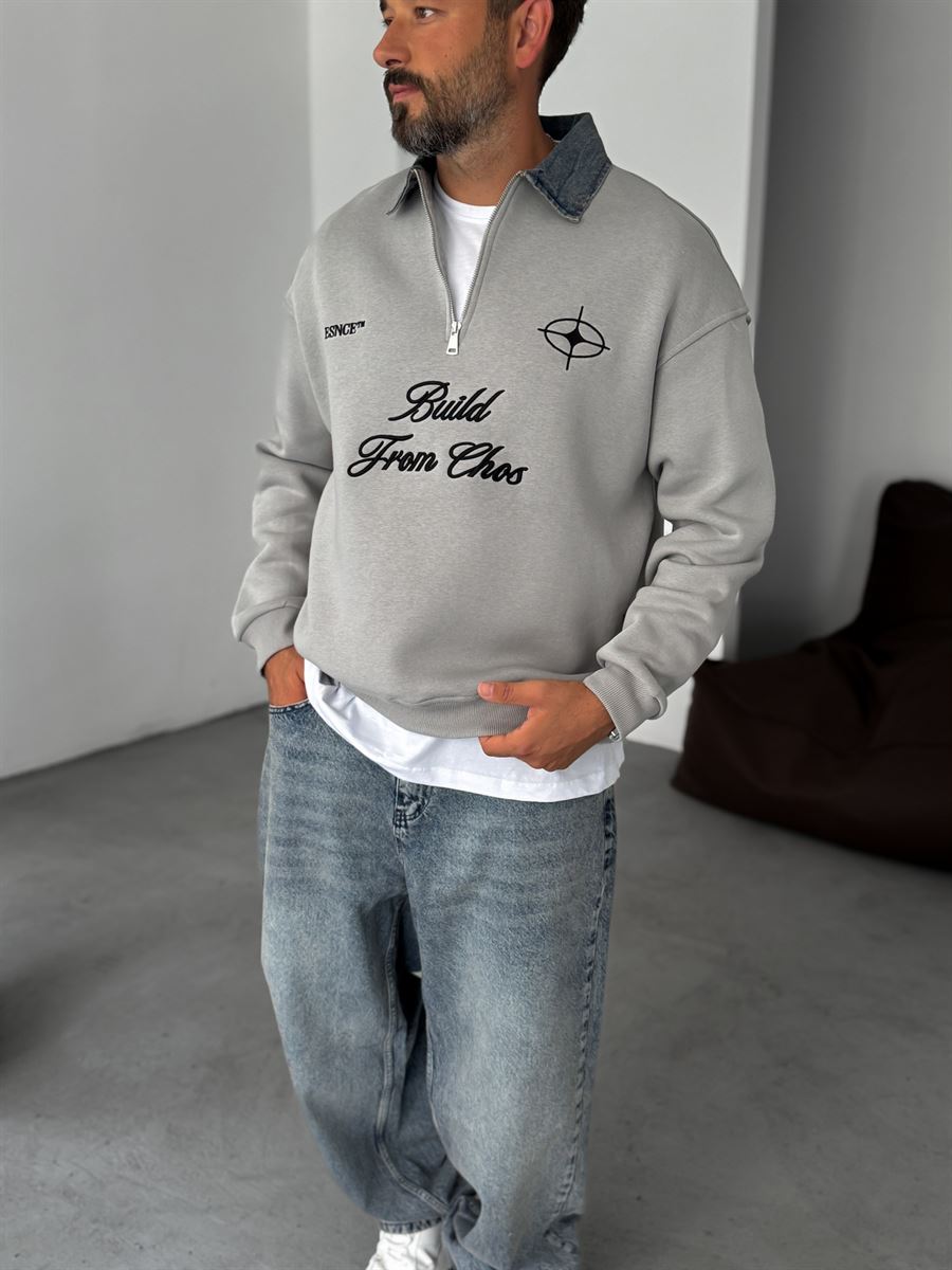 Denim Collar Build Oversize Sweatshirt