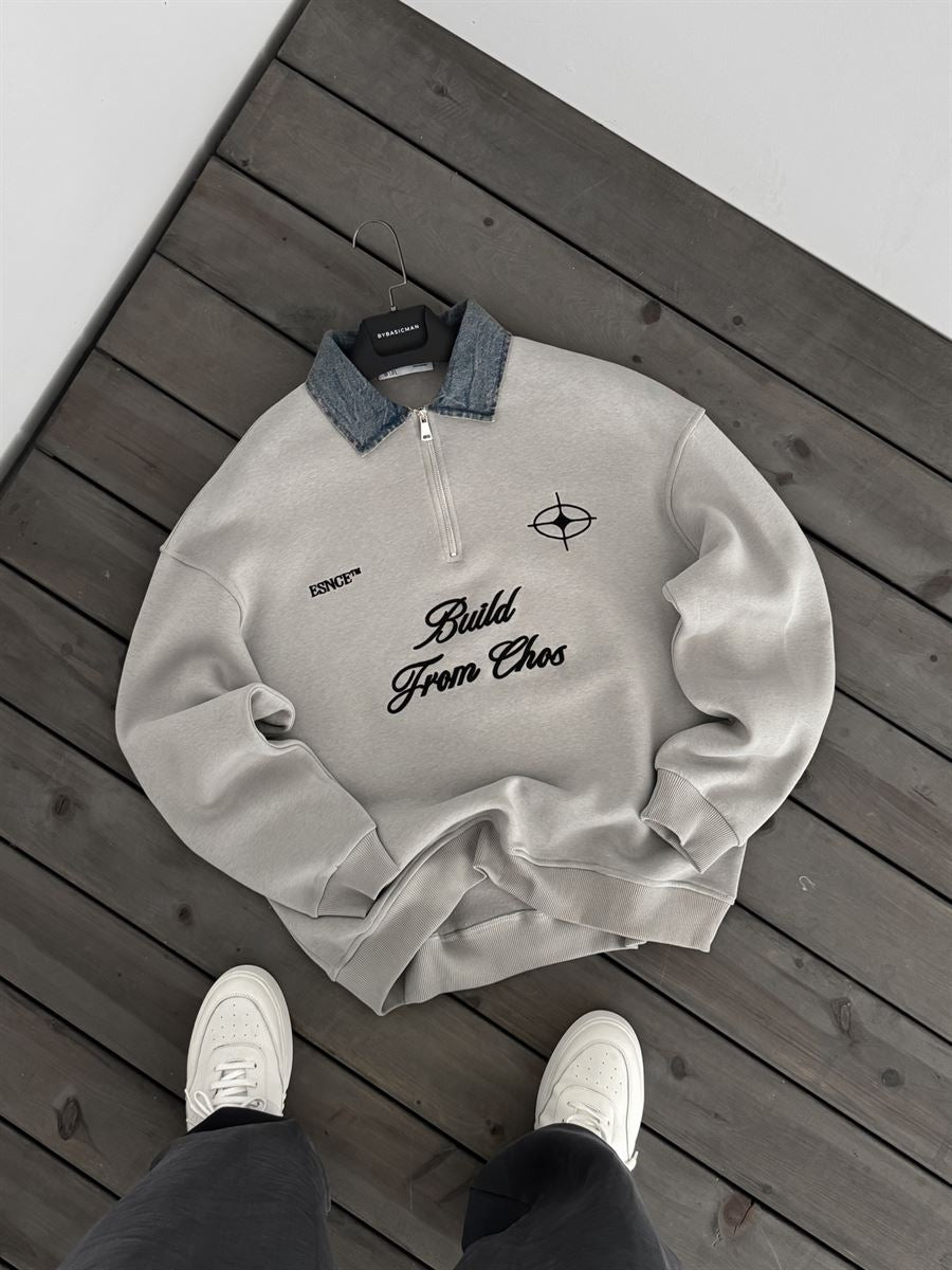 Denim Collar Build Oversize Sweatshirt