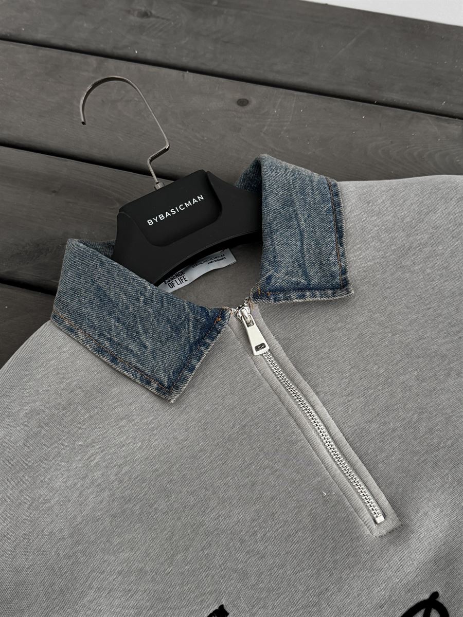 Denim Collar Build Oversize Sweatshirt