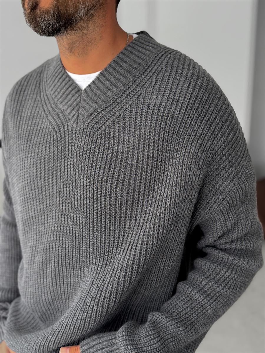 V-Neck Knitted Sweater with Embroidery Detail