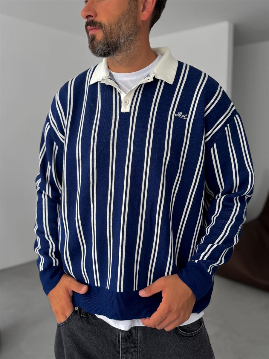 Striped Polo Neck Knitwear Sweatshirt