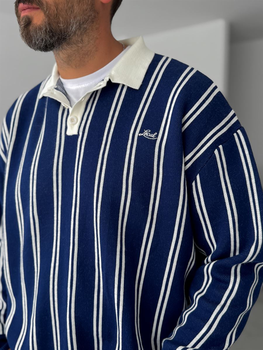 Striped Polo Neck Knitwear Sweatshirt