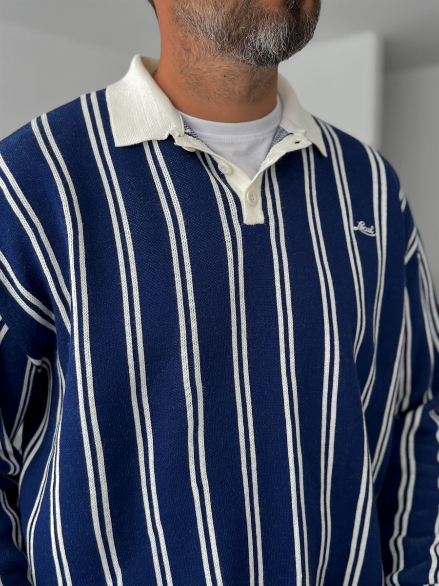 Striped Polo Neck Knitwear Sweatshirt