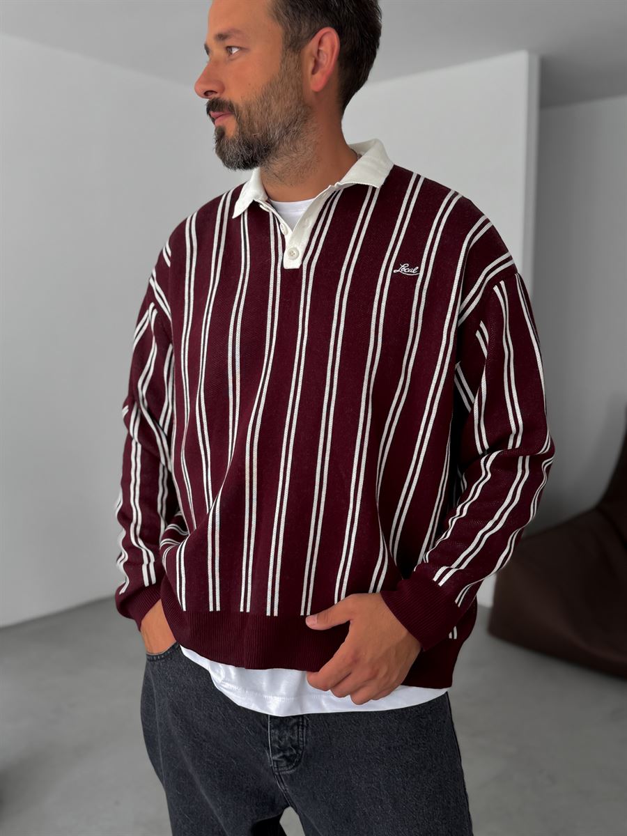 Striped Polo Neck Knitwear Sweatshirt