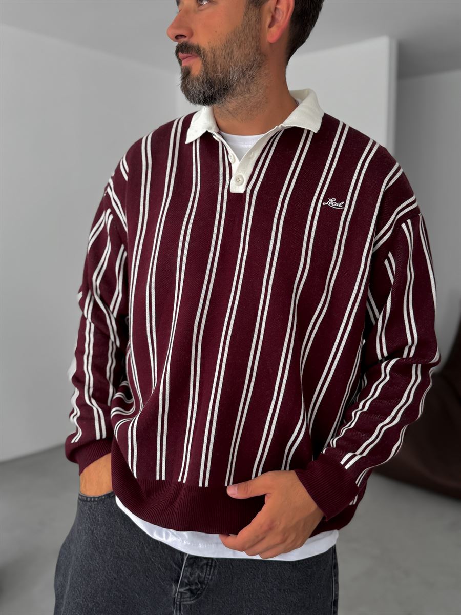 Striped Polo Neck Knitwear Sweatshirt