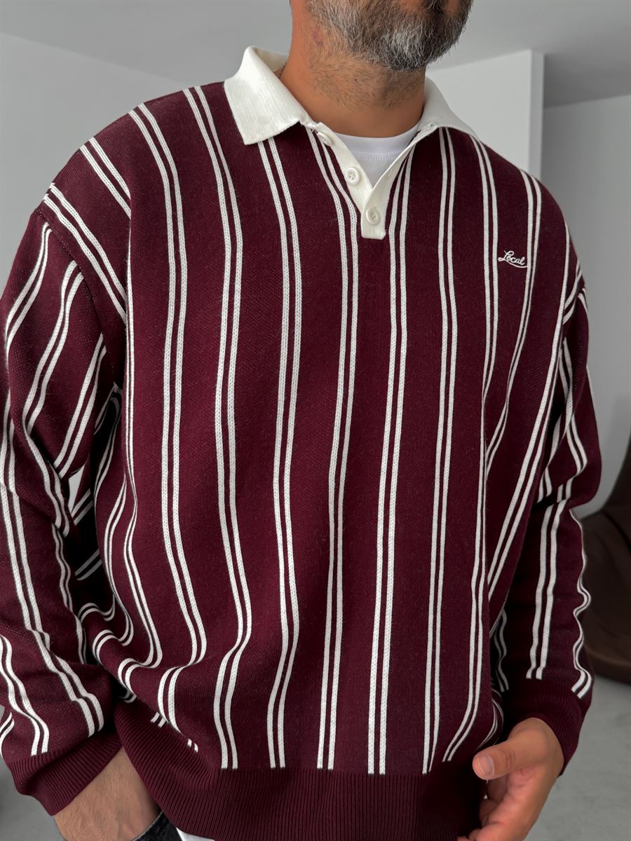 Striped Polo Neck Knitwear Sweatshirt