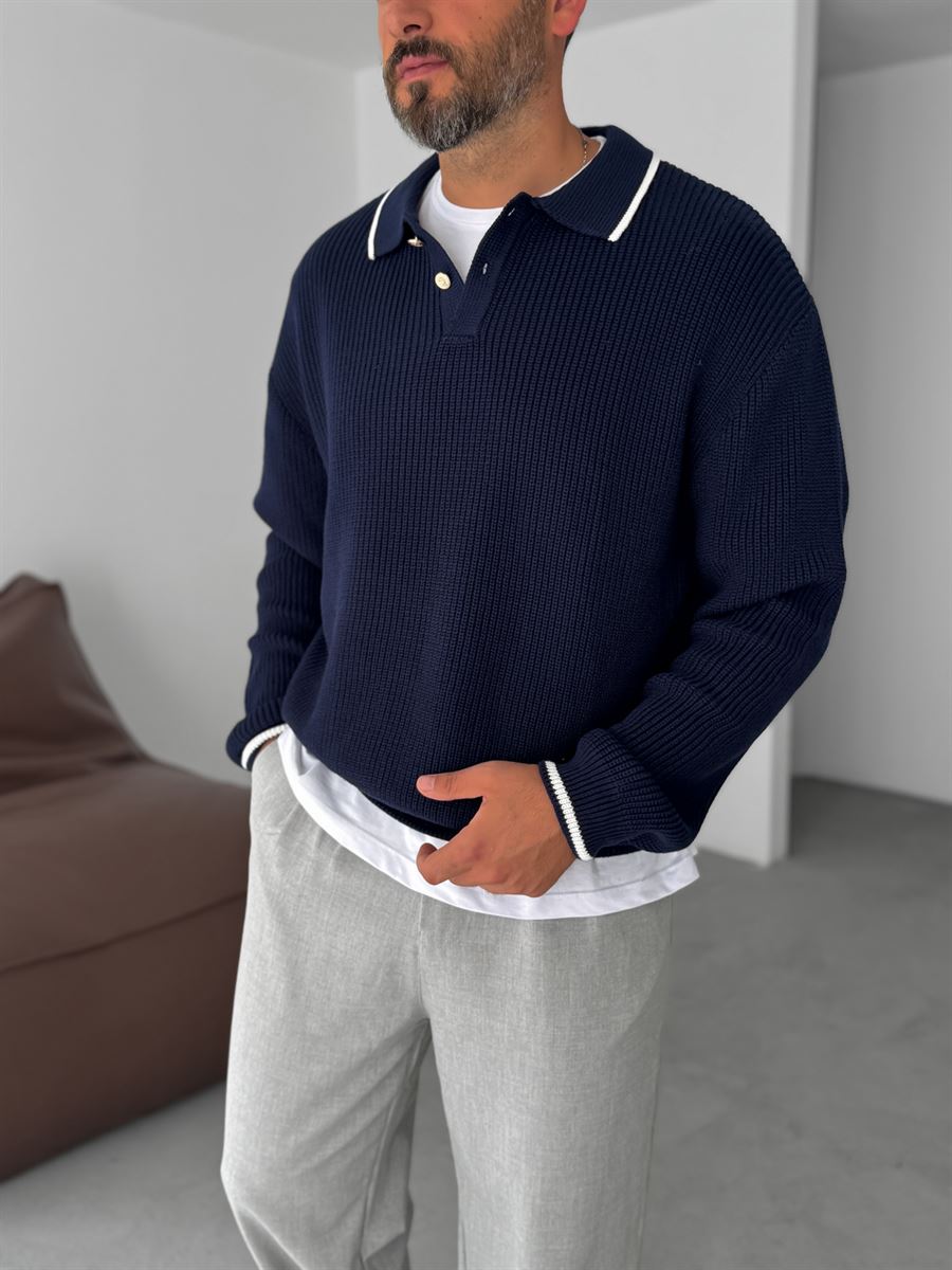 Button Detailed Polo Neck Knitwear Sweatshirt