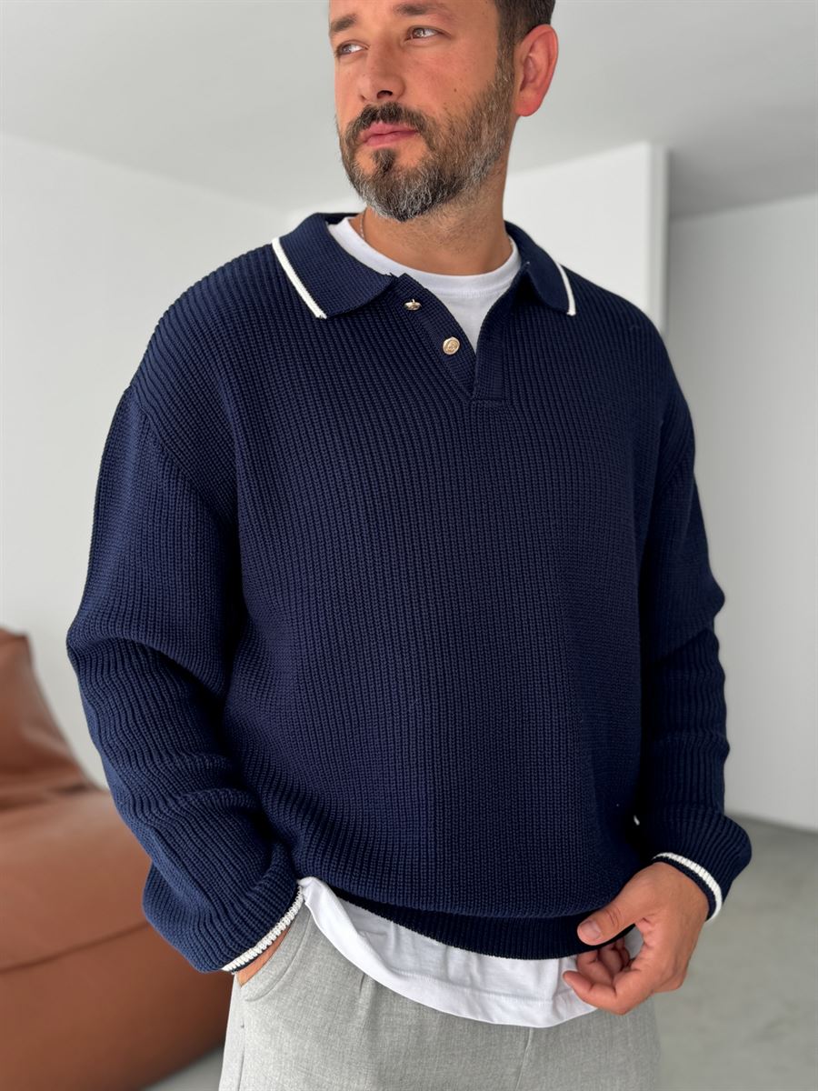 Button Detailed Polo Neck Knitwear Sweatshirt