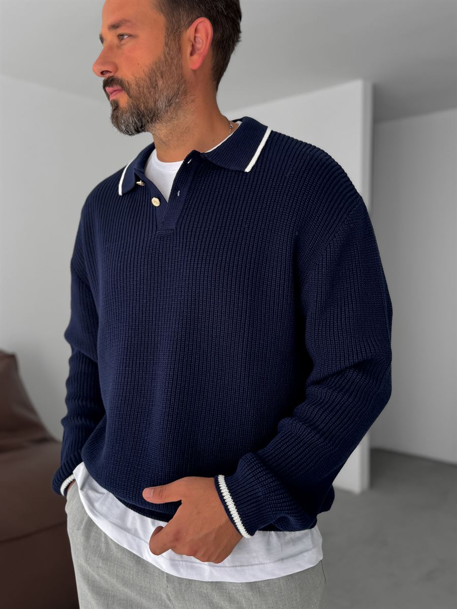 Button Detailed Polo Neck Knitwear Sweatshirt