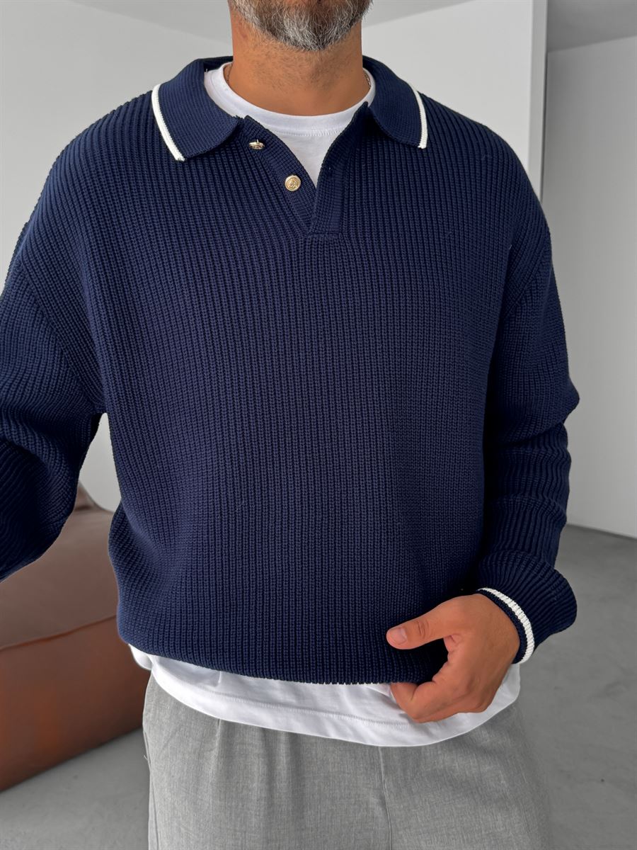Button Detailed Polo Neck Knitwear Sweatshirt