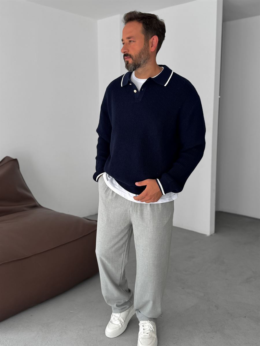 Button Detailed Polo Neck Knitwear Sweatshirt