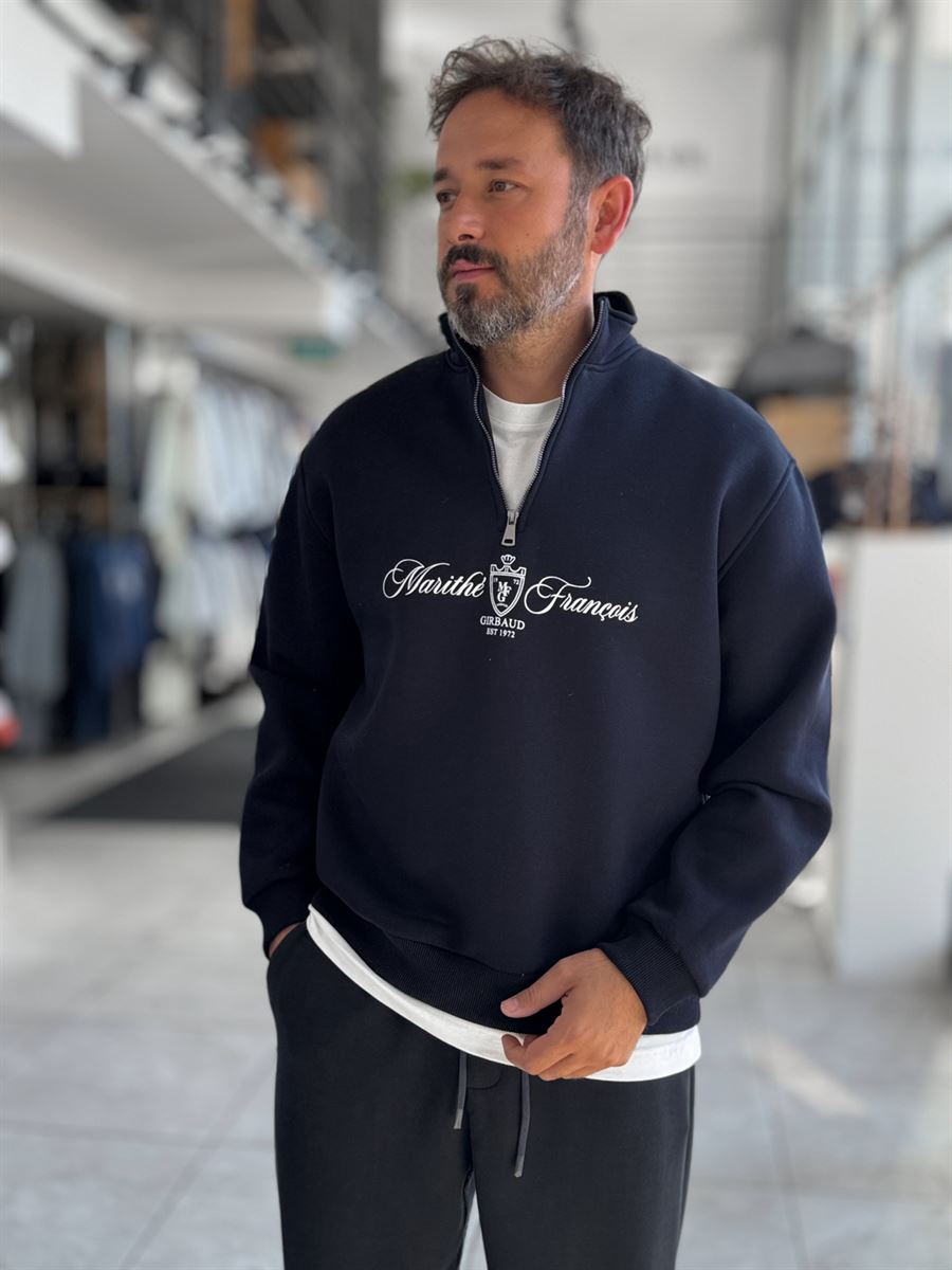 Navy Blue Half-Zip Sweatshirt with Marithe Print PM-079