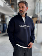 Navy Blue Half-Zip Sweatshirt with Marithe Print PM-079
