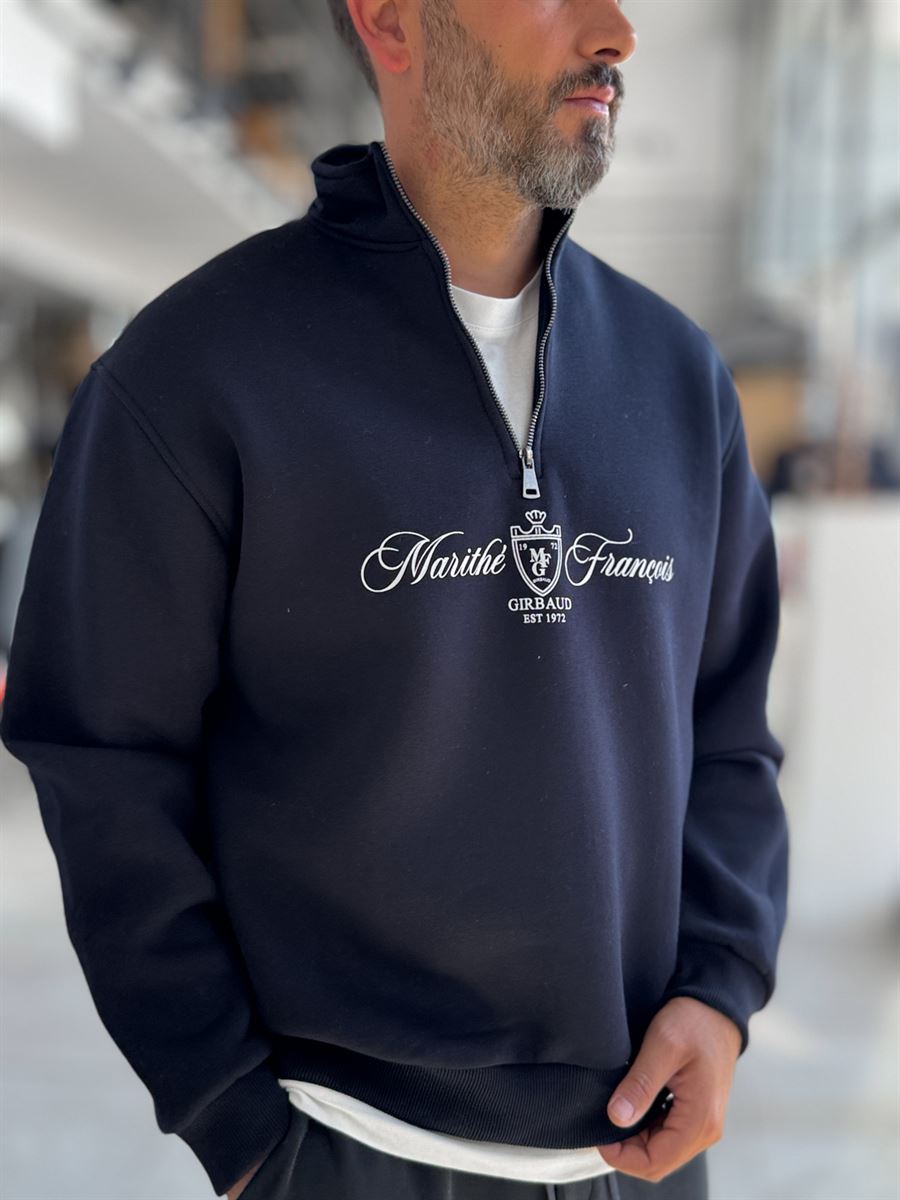 Navy Blue Half-Zip Sweatshirt with Marithe Print PM-079
