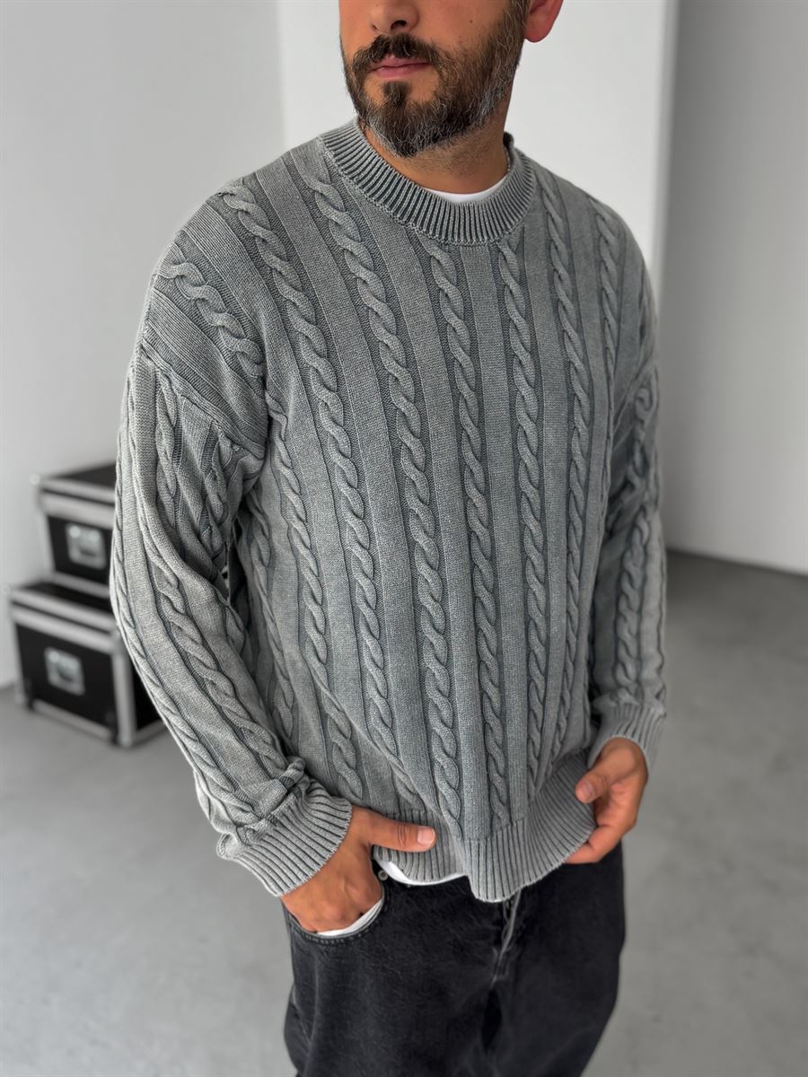 Washed Patterned Knit Sweater