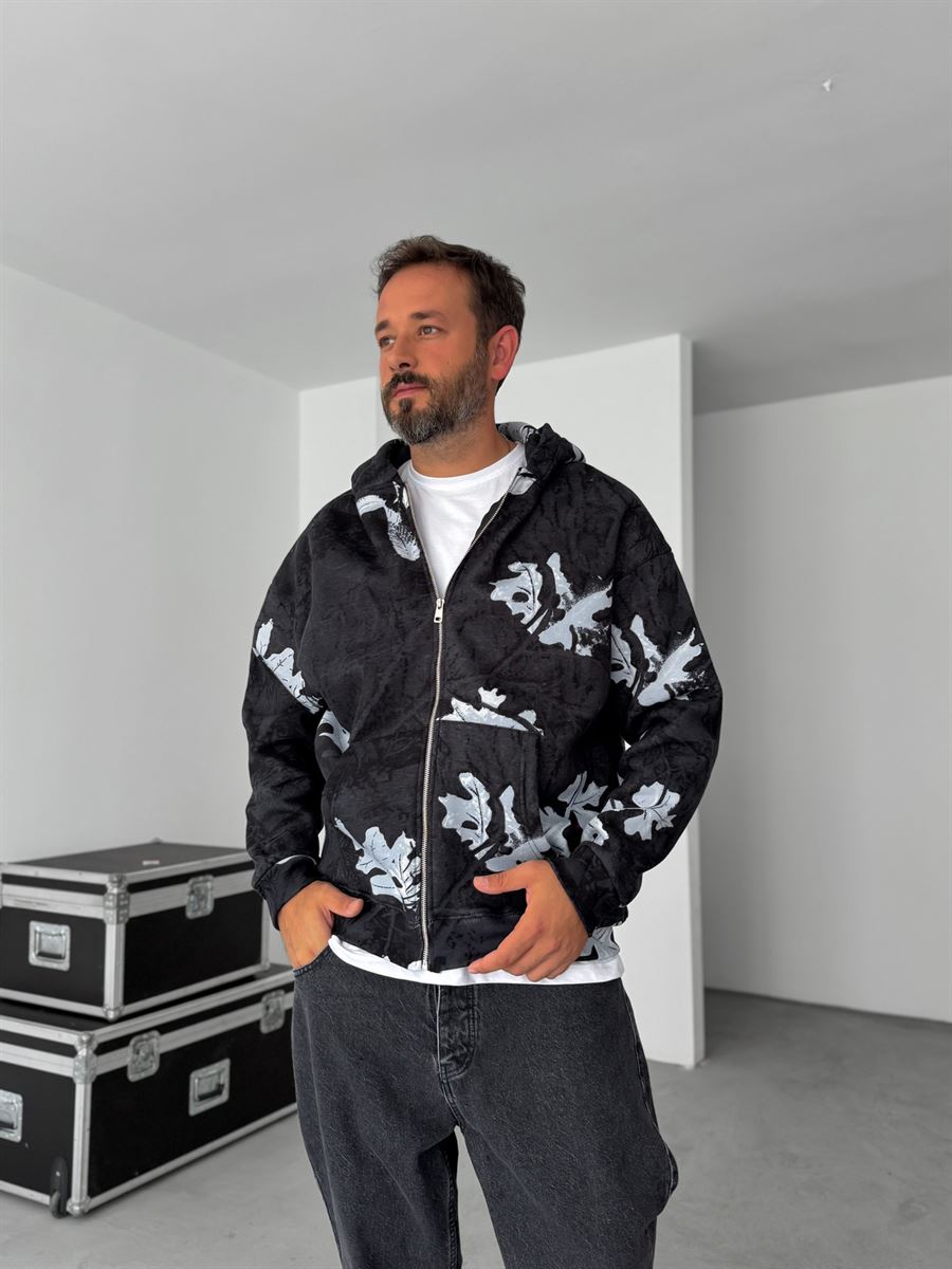 Leaf Patterned Zipped Sweatshirt