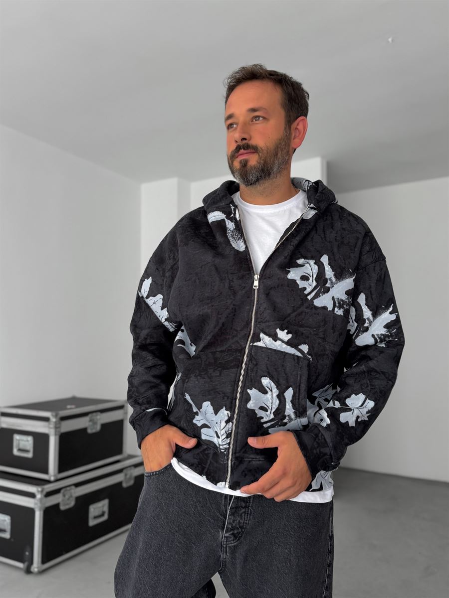 Leaf Patterned Zipped Sweatshirt