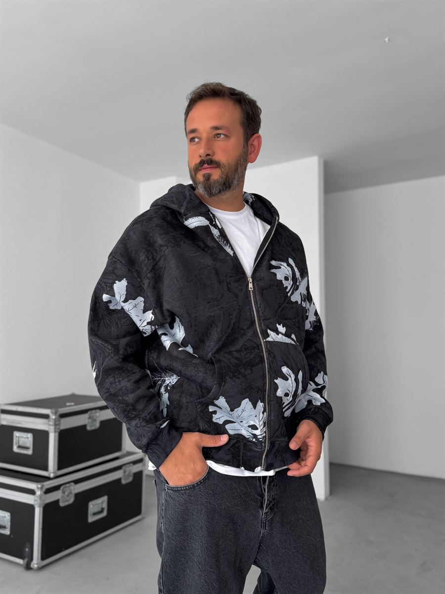 Leaf Patterned Zipped Sweatshirt
