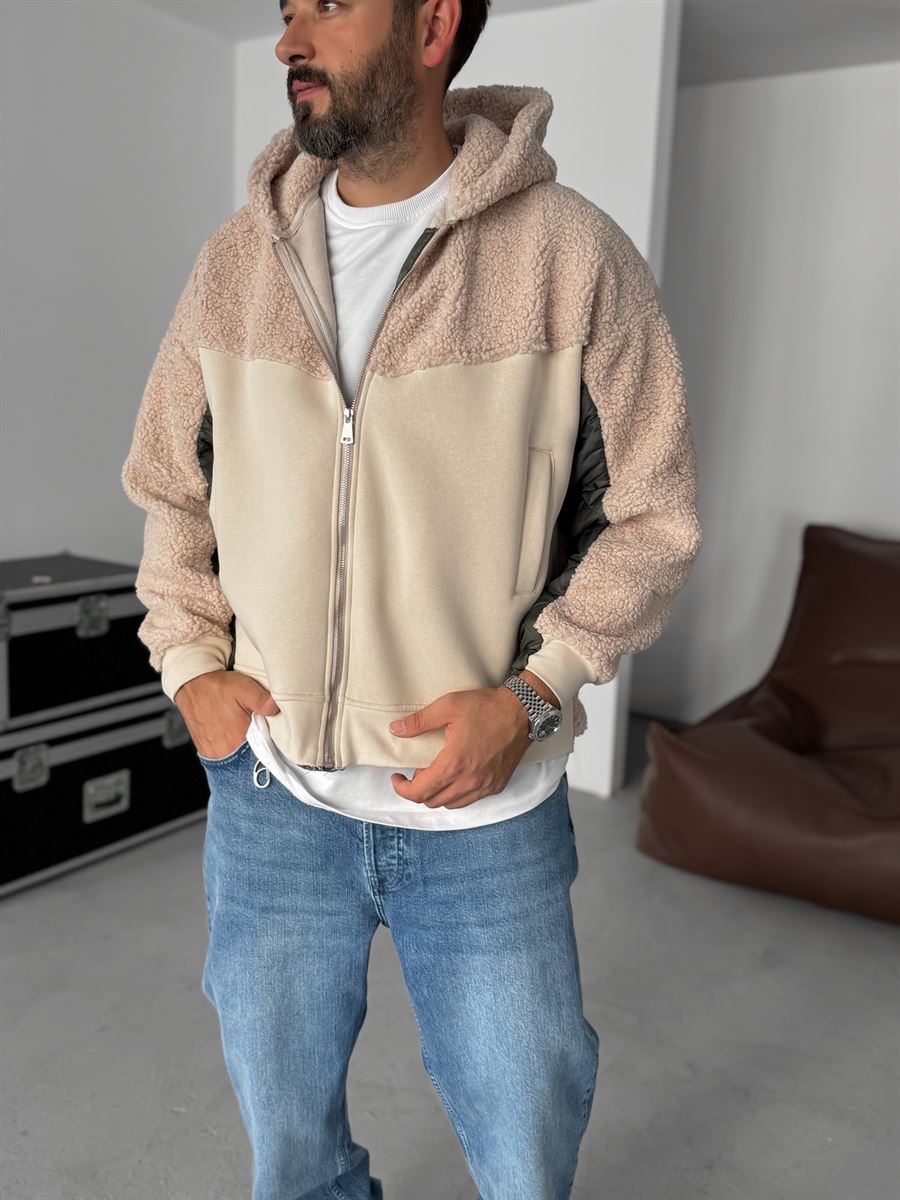 Quilted Sleeve Hooded Plush Sweatshirt