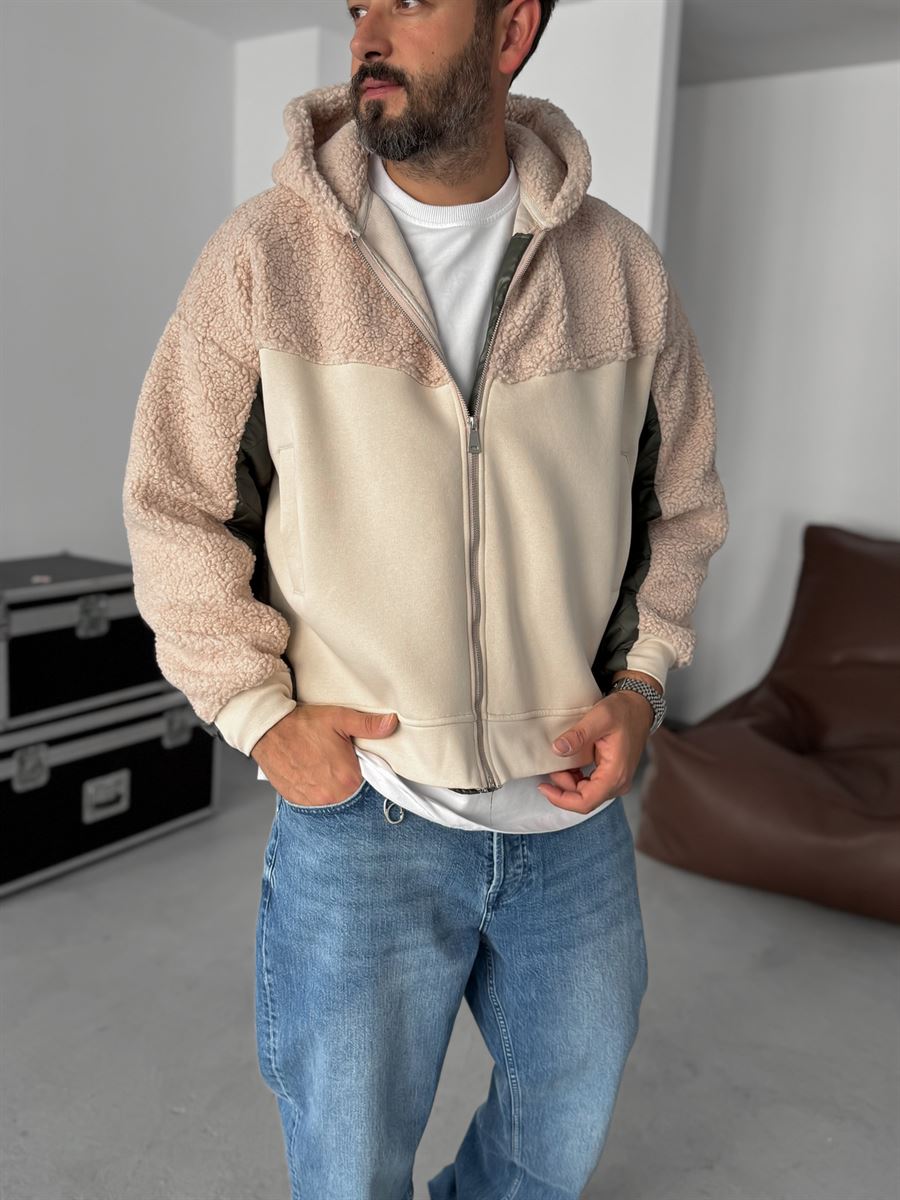 Quilted Sleeve Hooded Plush Sweatshirt