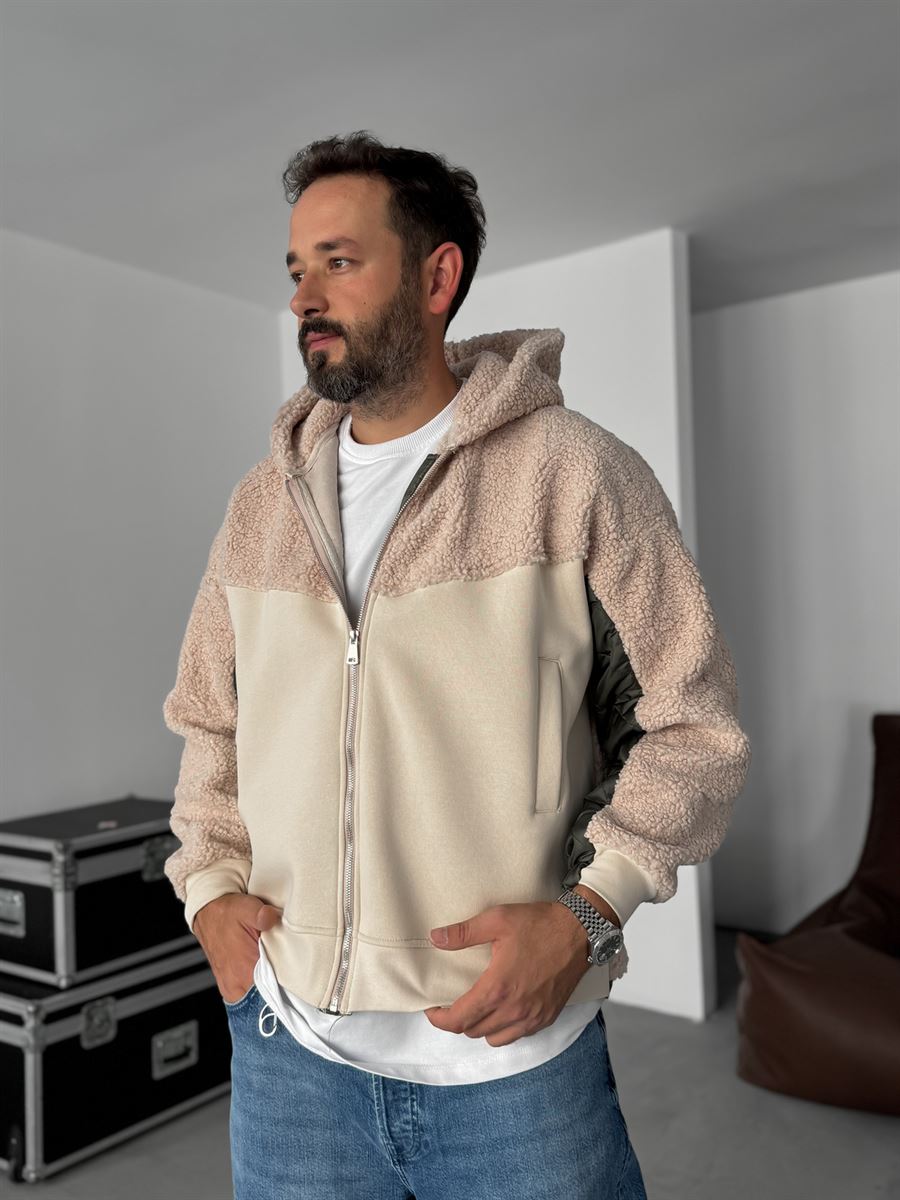 Quilted Sleeve Hooded Plush Sweatshirt
