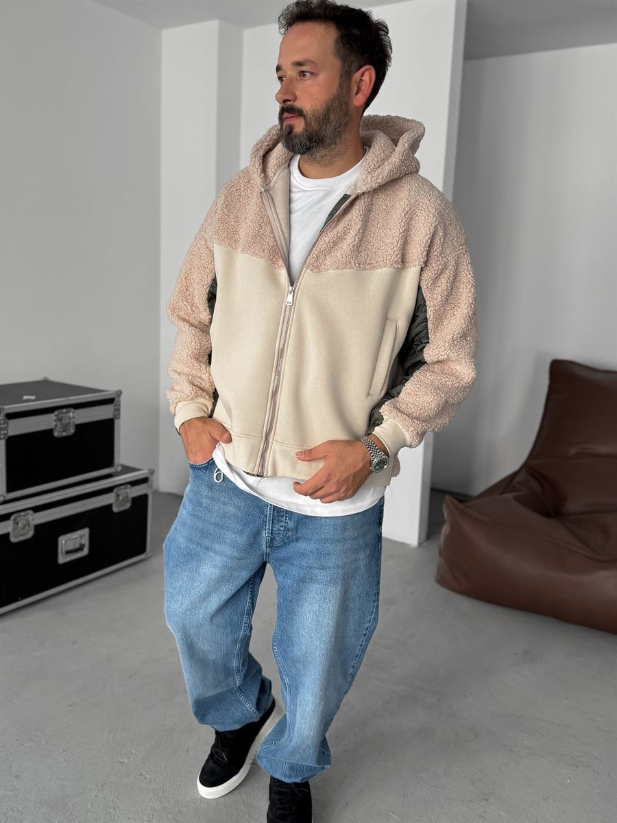 Quilted Sleeve Hooded Plush Sweatshirt