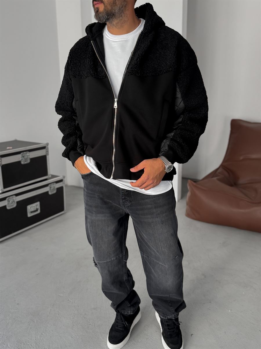 Quilted Sleeve Hooded Plush Sweatshirt